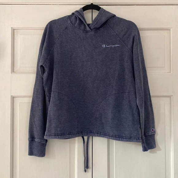 Champion Hoodie‎ Blue Script Logo Hooded Sweatshirt Drawstring Waist Chambray - Picture 1 of 10